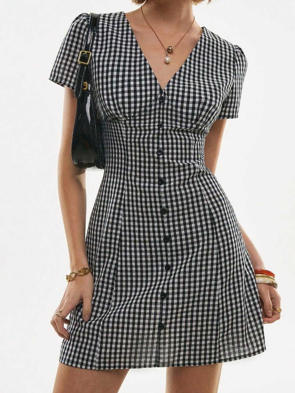 Black Casual Women's Plaid Button-Front V-Neck Mini Dress